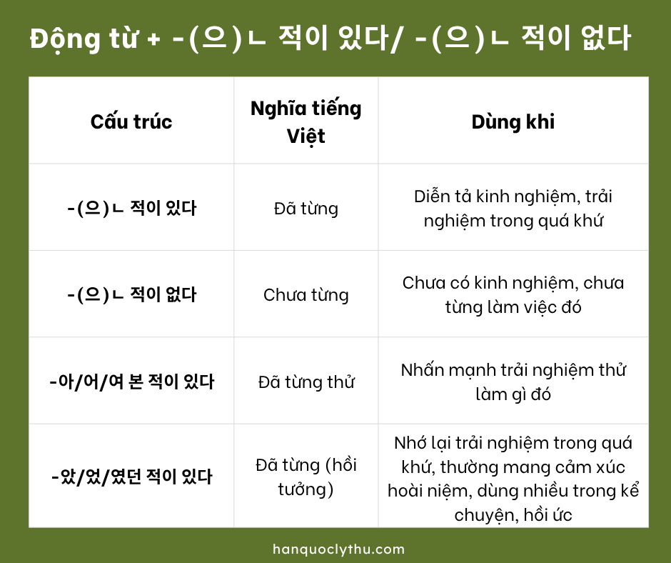 Ngữ pháp: -(으)ㄴ 적이 있다, -(으)ㄴ 적이 없다 