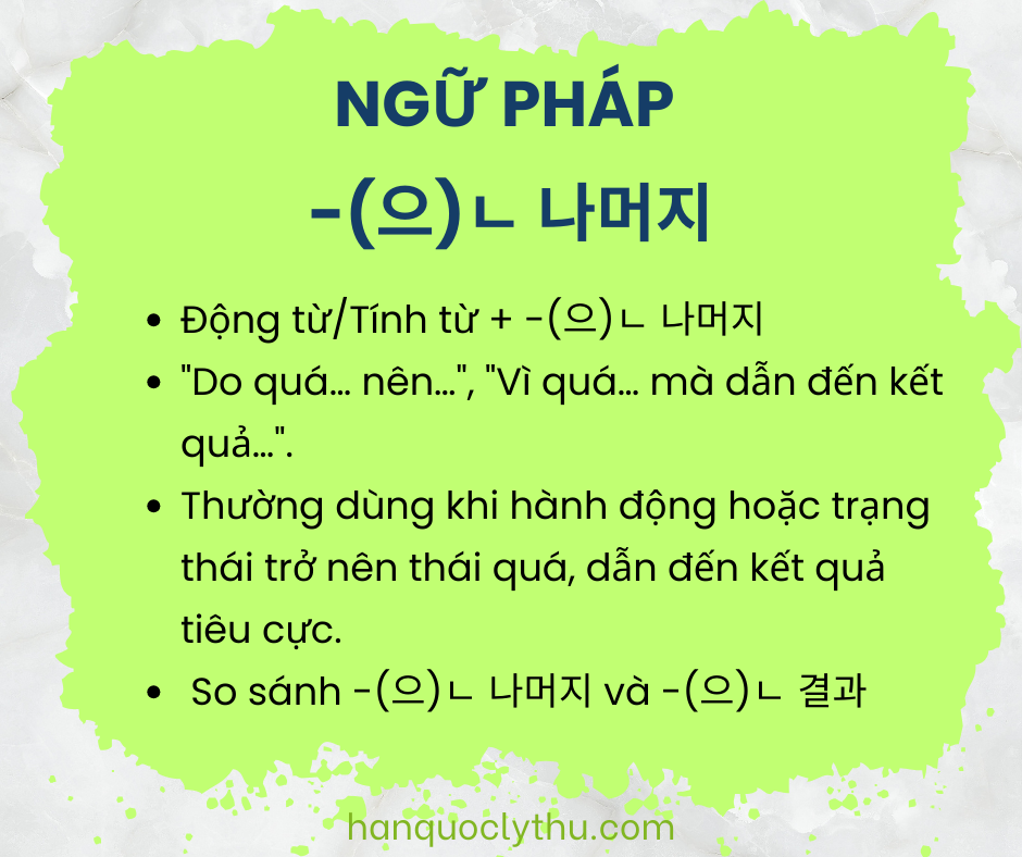 Ngữ pháp -(으)ㄴ 나머지 - Cách dùng, ví dụ và so sánh với -(으)ㄴ 결과 - Hàn ...