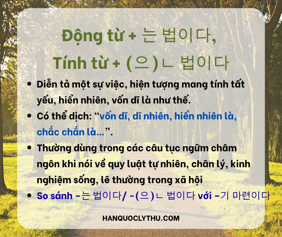 Ngữ pháp -는 법이다, -(으)ㄴ 법이다. So sánh với -기 마련이다
