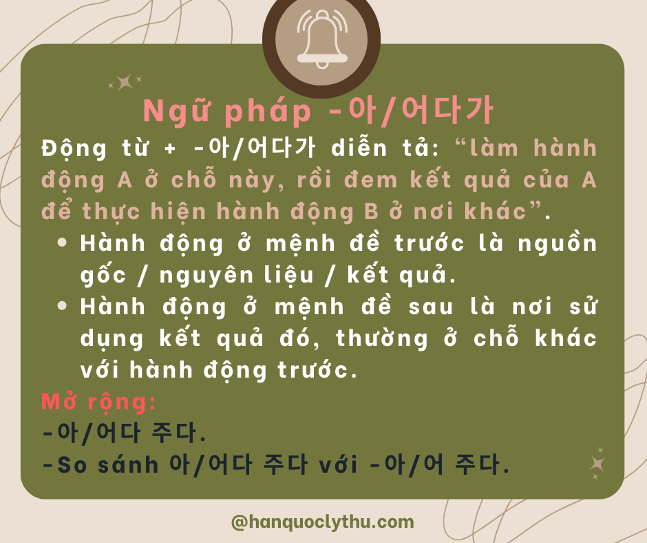 Ngữ pháp -아/어다가. Mở rộng -아/어다 주다, so sánh với -아/어 주다 cực dễ hiểu