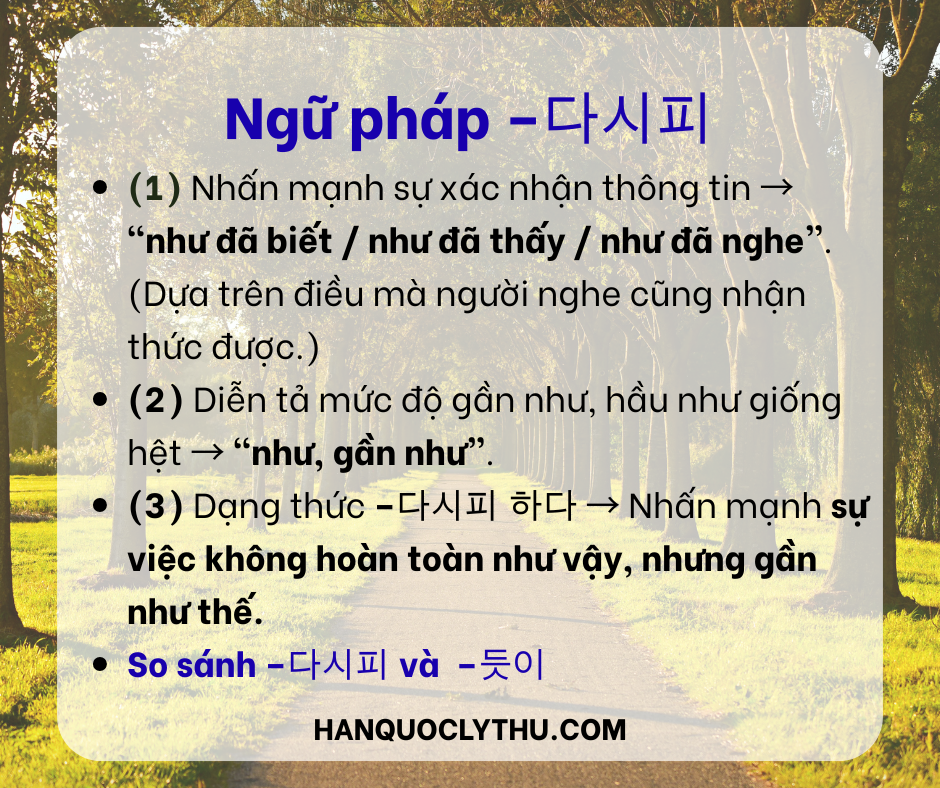 Ngữ pháp tiếng Hàn 다시피, 다시피 하다: Giải thích + ví dụ chuẩn và so sánh với –듯이