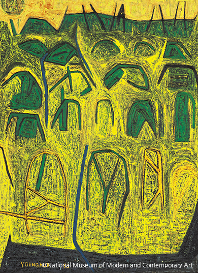 <아침>[1958]. 캔버스에 유채, 100 x 73 cm. Tranh “Buổi sáng” (1958). Tranh sơn dầu trên vải canvas, 100 x 73 cm.