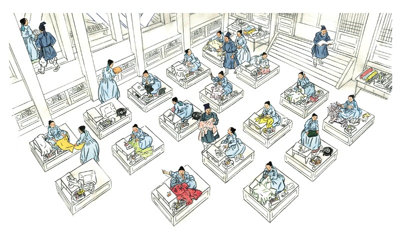 2014년, 영화 <상의원> 개봉 당시 홍보를 위해 제작된 장선환(Chang Sun-hwan, 張宣煥) 작가의 일러스트레이션. 상의원에서 왕실 의복을 제작하는 사람들의 일상을 담백한 필치로 표현했다. Tranh minh họa của họa sĩ Chang Sun-hwan được làm ra để phục vụ quảng bá cho lúc công chiếu bộ phim “Thợ may hoàng gia” vào năm 2014. Cuộc sống hàng ngày của những người làm trang phục hoàng gia ở Sanguiwon được thể hiện qua những nét vẽ thanh thoát. ⓒ 장선환