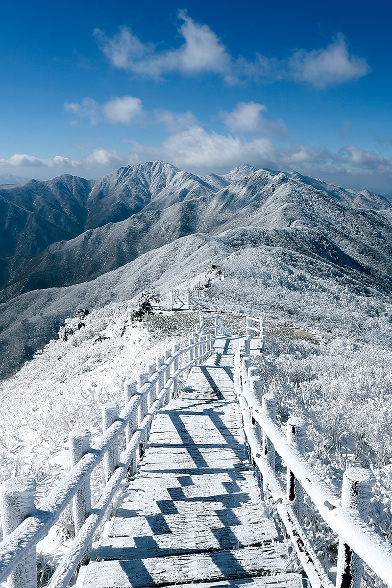 덕유산은 남한에서 내로라하는 명산이다. 특히 겨울이면 눈이 얼었다 녹기를 반복하며 상고대를 만드는데, 그 풍경이 장관을 이룬다. Núi Deogyu là một trong những ngọn núi nổi tiếng nhất ở Hàn Quốc. Đặc biệt vào mùa đông, tuyết đóng băng và tan liên tục hình thành sương muối, tạo ra cảnh quan ngoạn mục. ⓒ Lee Jae-hyung - 이재형(李在烱)
