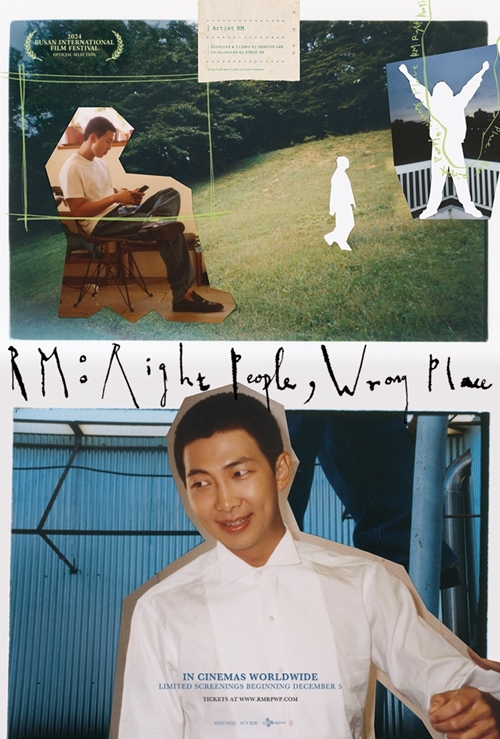 ▲ 12월 5일 개봉하는 'RM: Right People, Wrong Place'의 포스터. Poster của phim tài liệu “RM: Right People, Wrong Place” sẽ được trình chiếu từ ngày 5/12. (Ảnh: Trang web chính thức của phim tài liệu “RM: Right People, Wrong Place” - RM 인스타그램) 
