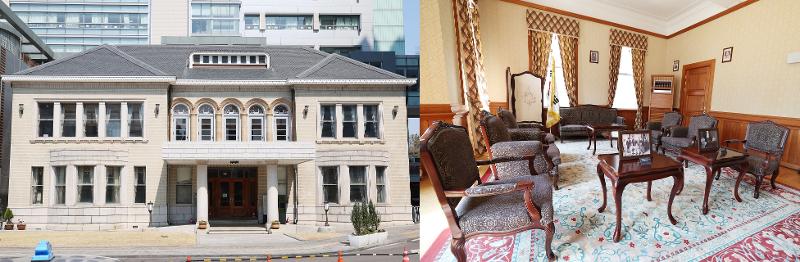 ▲ 왼쪽은 경교장의 외관. 오른쪽은 임시정부 청사 내부 응접실. Ngôi nhà Gyeonggyojang được xây dựng theo phong cách thiết kế cổ điển. (Ảnh: Lee Jeong Woo / Korea.net)