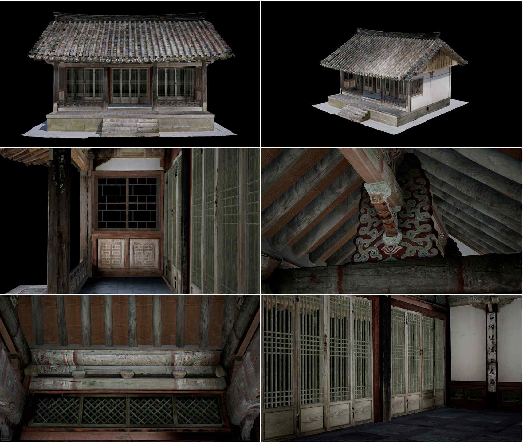 ▲ 관월당의 3D 스캔 모습. 관월당은 비교적 간단한 목가구조를 갖추고 있지만 내부에는 화려하고도 격식 있는 의장을 추구한 18~19세기경의 왕실 관련 사당 건축물로 추정된다. Hình ảnh quét 3D của Gwanwoldang. Mặc dù cấu trúc gỗ của Gwanwoldang khá đơn giản, nhưng nội thất được thiết kế cầu kỳ và trang nghiêm, phù hợp với phong cách kiến trúc miếu thờ hoàng gia vào khoảng thế kỷ 18–19.