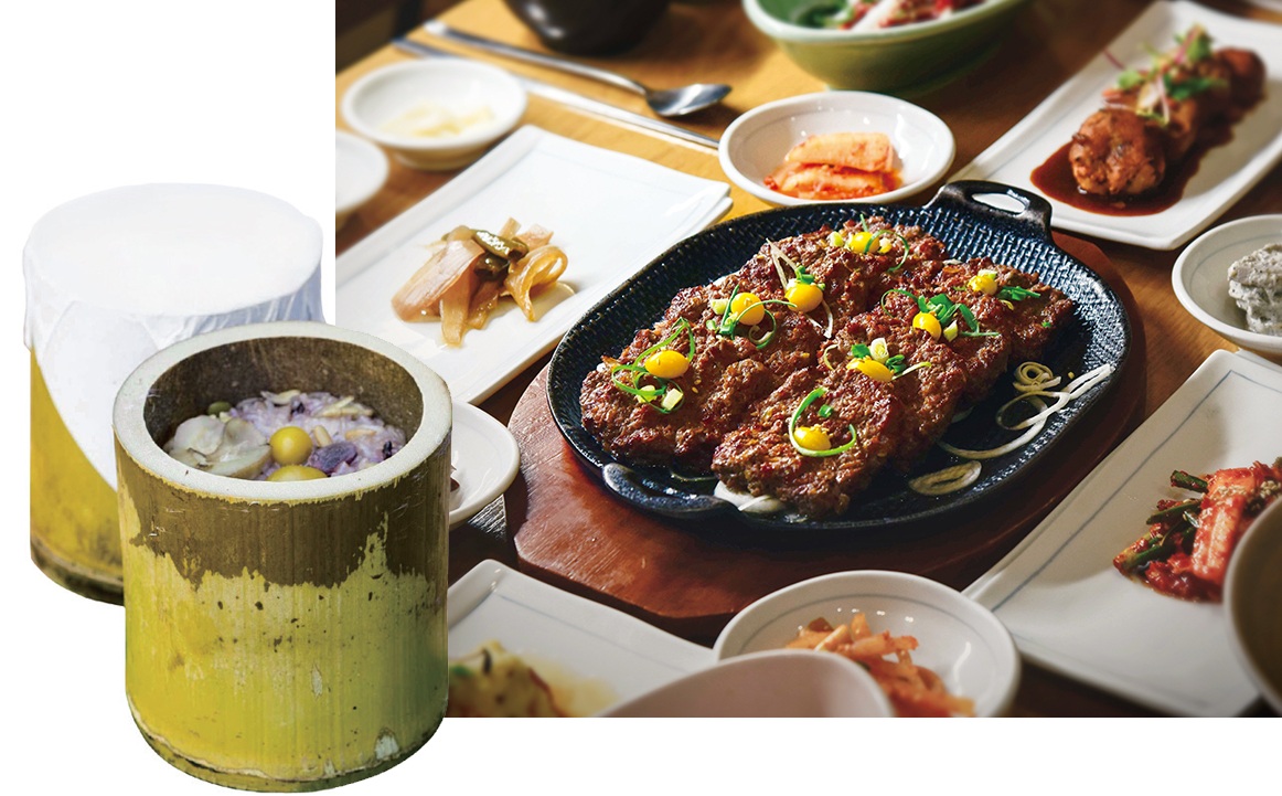 Các món ăn đặc trưng của Damyang: Tteokgalbi (sườn băm nướng), Daenamutongbap (cơm ống tre) và nhiều món ăn kèm đa dạng. / © Tổ chức Du lịch Hàn Quốc