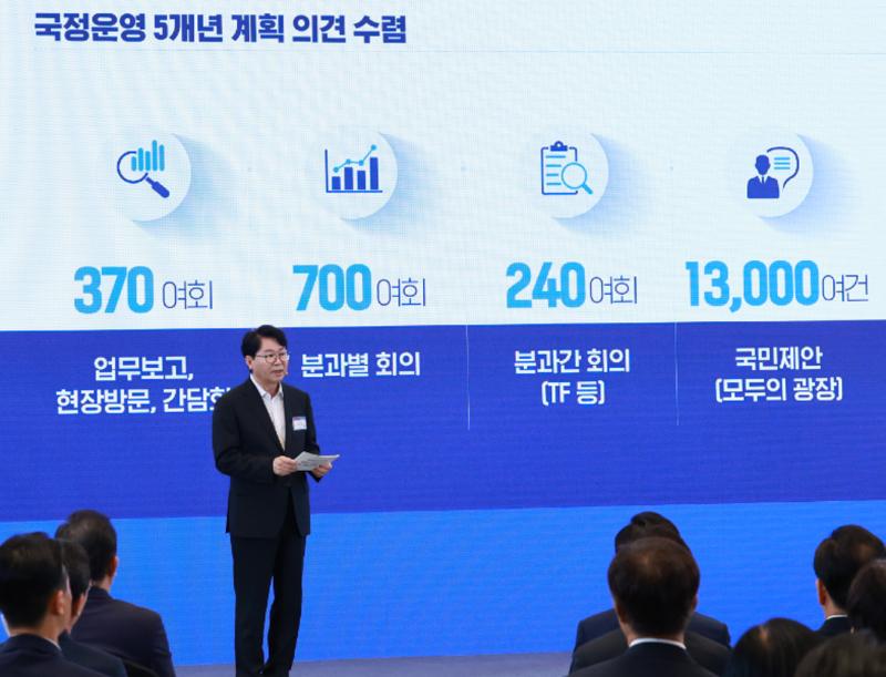 ▲ 이한주 국정기획위원장이 13일 청와대 영빈관에서 열린 국민보고대회에서 '국정운영 5개년 계획안'을 발표하고 있다. Chủ tịch Ủy ban Hoạch định Chính sách Quốc gia Lee Han-joo phát biểu công bố “Kế hoạch điều hành quốc gia 5 năm” tại Hội nghị Báo cáo với Nhân dân diễn ra ở Nhà khách Cheong Wa Dae ngày 13. Yonhap News - 연합뉴스