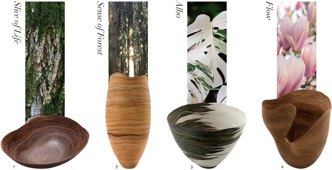 Slice of Life, 400×340×100 mm, da thuộc thuộc thực vật, phủ ottchil (sơn mài), 2017, ảnh: KC StudioSense of Forest, 300×300×620 mm, da thuộc thuộc thực vật, 2021, ảnh: KC StudioALBO, 390×390×290 mm, da thuộc thuộc thực vật, 2022, ảnh: KC StudioFLOW, 390×360×380 mm, da thuộc thuộc thực vật, 2023, ảnh: KC Studio