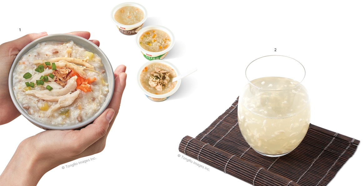1️⃣ Cháo gạo (juk) hiện đã được bán dưới dạng sản phẩm ăn liền tiện lợi.2️⃣ Sikhye (nước gạo ngọt) – thức uống truyền thống được nấu từ gạo lên men cùng lúa mạch, có vị ngọt thanh mát.