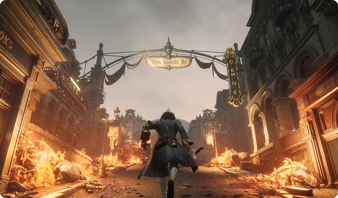 The protagonist rushes down the blazing Rosa Isabelle Street