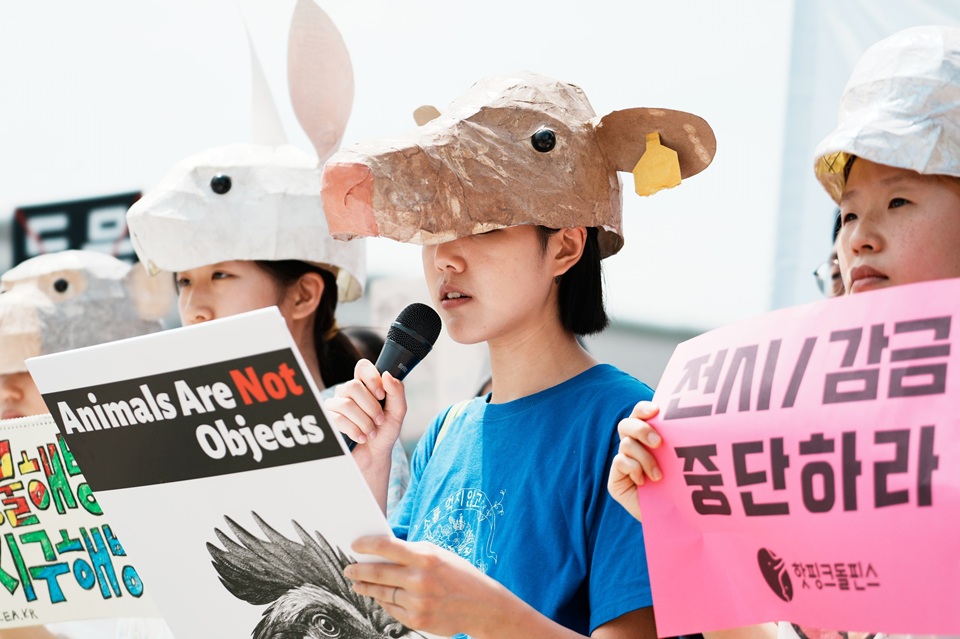 ▲ 2023년 5월 30일 20여개 시민사회단체로 결성된 ‘동물은물건이아니다연대’ 활동가들이 국회 정문 앞에서 국회에 계류된 ‘동물 비물건화’ 민법 일부개정법률안의 신속한 통과를 촉구하고 있다. Vào ngày 30/05/2023, các nhà hoạt động của "Liên minh Động vật không phải là đồ vật", được thành lập bởi hơn 20 tổ chức xã hội dân sự đang kêu gọi Quốc hội sớm thông qua Dự thảo sửa đổi một số điều của Bộ luật dân sự về việc "Không xem động vật là một đồ vật". (Ảnh: Liên minh Động vật không phải là đồ vật - 동물은물건이아니다연대)
