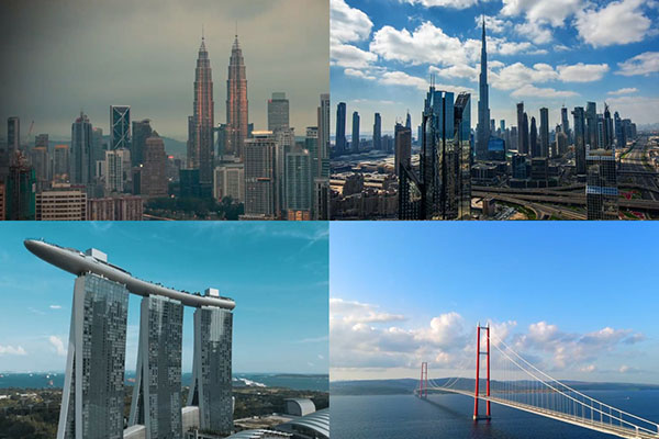 (Từ trên xuống, theo chiều kim đồng hồ ⓒ KBS)
(1) Tháp đôi Petronas, Malaysia
(2) Tháp Burj Khalifa, Dubai, Các Tiểu vương quốc Ả-rập thống nhất
(3) Cầu Canakkale 1915, Thổ Nhĩ Kỳ
(4) Khách sạn Marina Bay Sands, Singapore