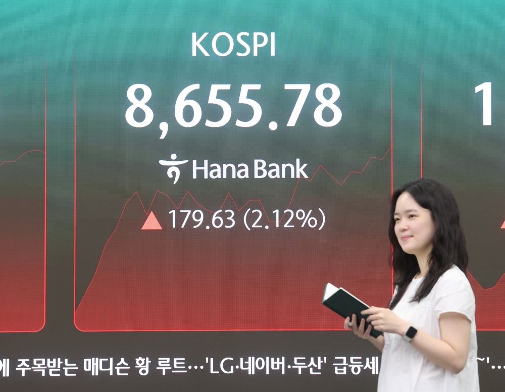 ▲ 오는 7월 6일부터 외환시장에서 원-달러를 24시간 거래할 수 있게 된다. 사진은 1일 서울 중구 하나은행 딜링룸에서 장중 사상 처음 8,600선을 돌파한 코스피가 표시되고 있는 모습. Từ ngày 6/7 tới, thị trường ngoại hối Hàn Quốc sẽ cho phép giao dịch đồng won và đô la Mỹ 24 giờ mỗi ngày. Trong ảnh là bảng điện tử tại phòng giao dịch của Ngân hàng Hana ở quận Jung-gu, Seoul, ngày 1/6, hiển thị chỉ số KOSPI vượt mốc 8.600 điểm lần đầu tiên trong lịch sử phiên giao dịch. (Ảnh: Yonhap News - 연합뉴스)
